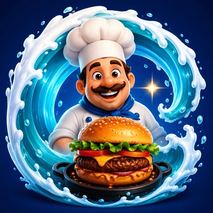 Cartoon chef holding a burger inside a glowing ocean wave